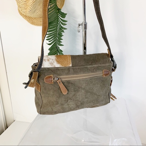 Myra Bags Vintage Stamp Canvas and Hairon Messenger Bag - Picture 2 of 6